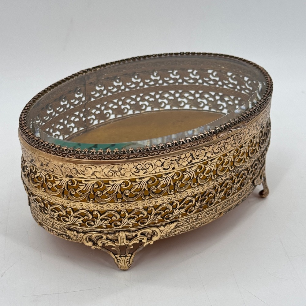 Vintage Ormolu Filigree Jewelry Casket Glass Vanity Box Hollywood Regency